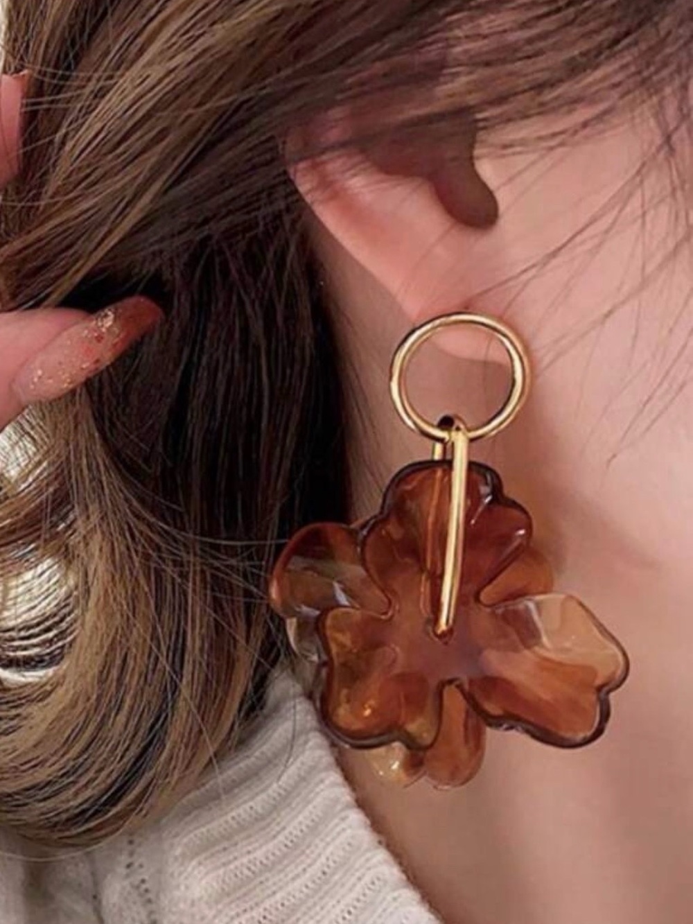 Gold-Tone Brown Floral Resin Drop Earrings